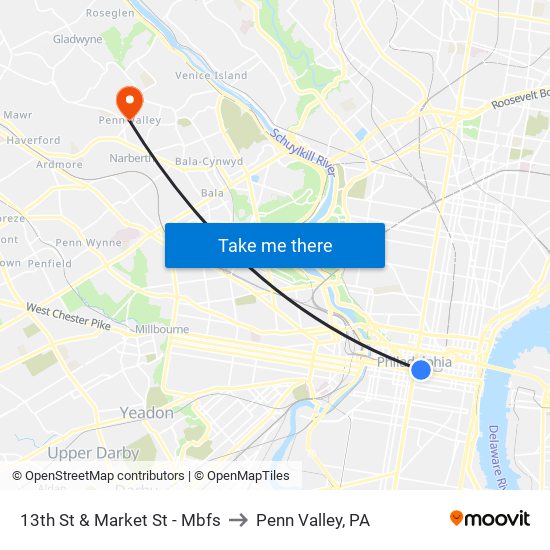 13th St & Market St - Mbfs to Penn Valley, PA map