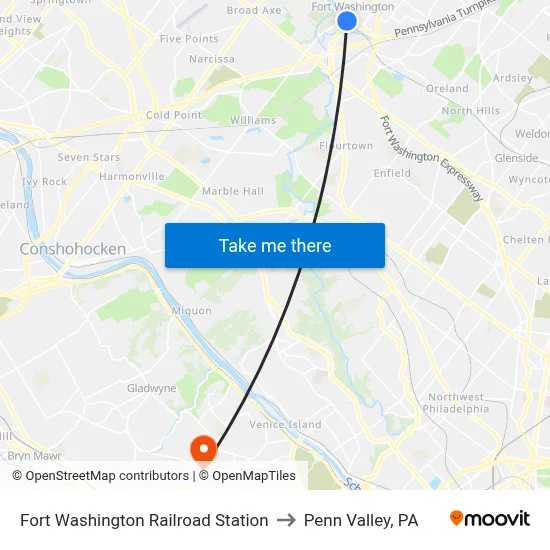 Fort Washington Railroad Station to Penn Valley, PA map