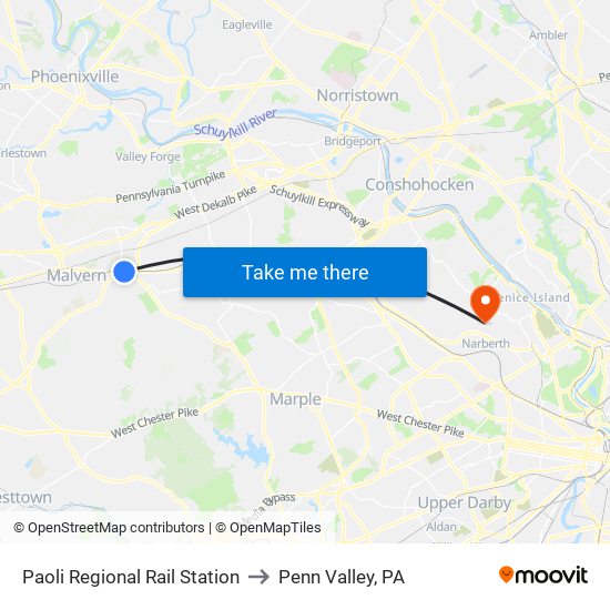 Paoli Regional Rail Station to Penn Valley, PA map