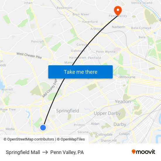 Springfield Mall to Penn Valley, PA map