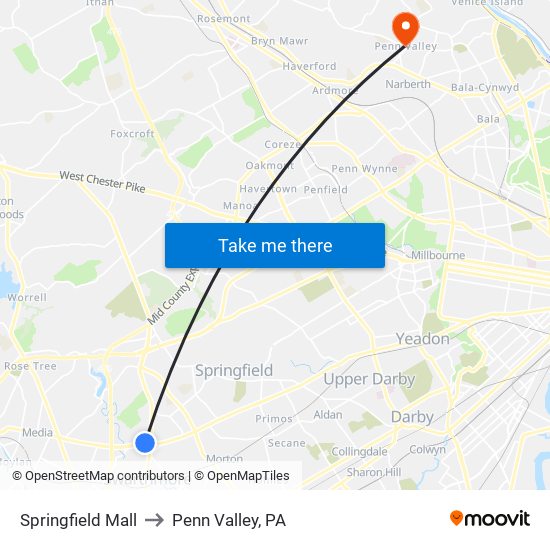 Springfield Mall to Penn Valley, PA map