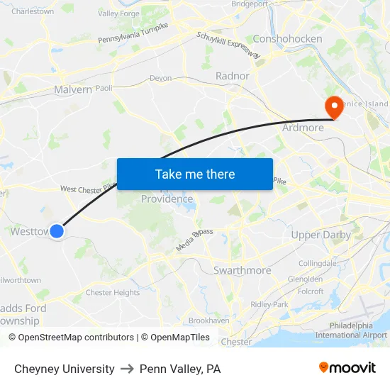 Cheyney University to Penn Valley, PA map