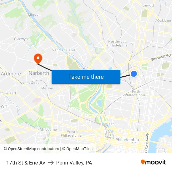 17th St & Erie Av to Penn Valley, PA map