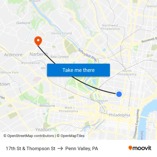 17th St & Thompson St to Penn Valley, PA map