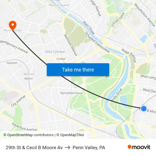 29th St & Cecil B Moore Av to Penn Valley, PA map