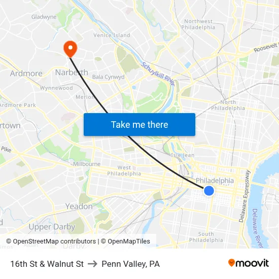 16th St & Walnut St to Penn Valley, PA map