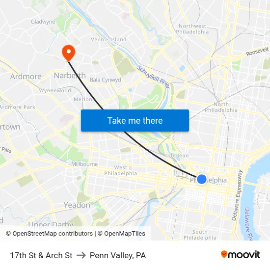 17th St & Arch St to Penn Valley, PA map