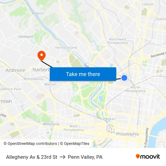 Allegheny Av & 23rd St to Penn Valley, PA map