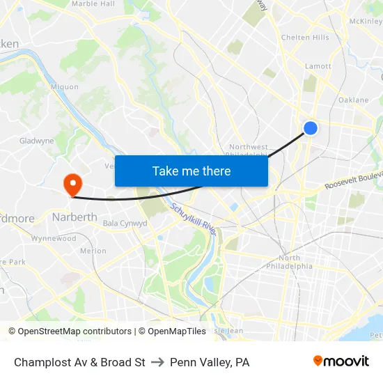 Champlost Av & Broad St to Penn Valley, PA map