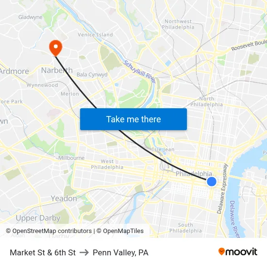 Market St & 6th St to Penn Valley, PA map