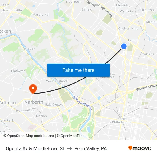 Ogontz Av & Middletown St to Penn Valley, PA map