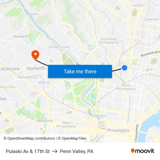 Pulaski Av & 17th St to Penn Valley, PA map