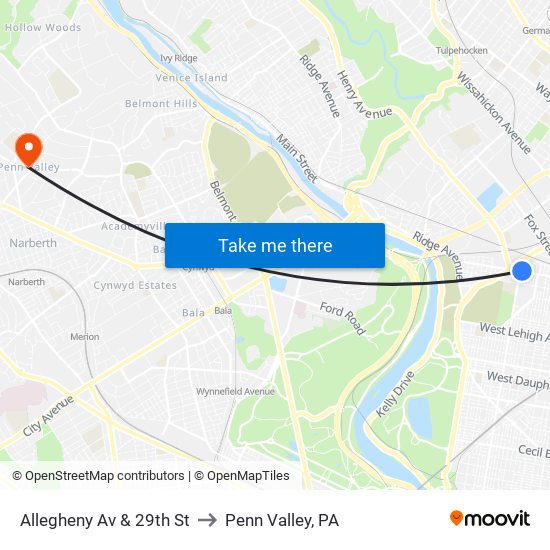 Allegheny Av & 29th St to Penn Valley, PA map