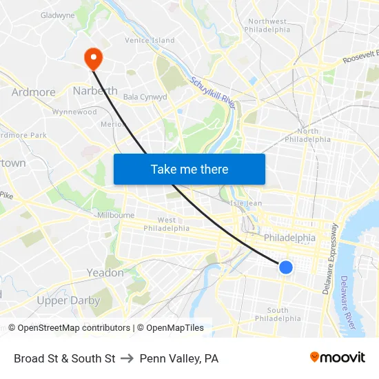 Broad St & South St to Penn Valley, PA map