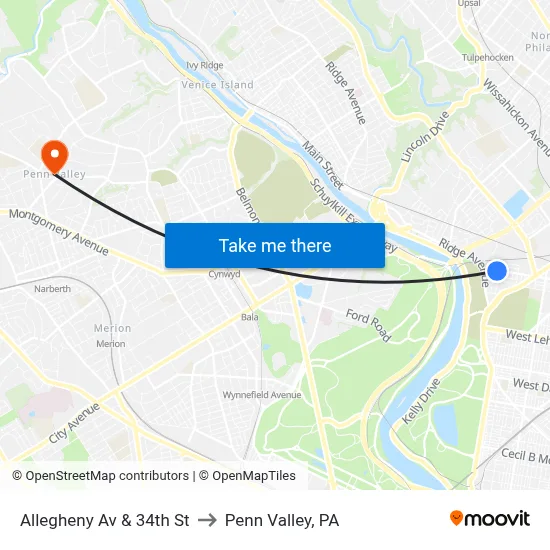 Allegheny Av & 34th St to Penn Valley, PA map