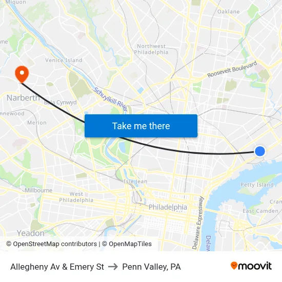 Allegheny Av & Emery St to Penn Valley, PA map