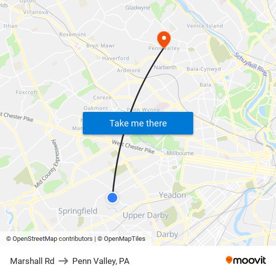 Marshall Rd to Penn Valley, PA map