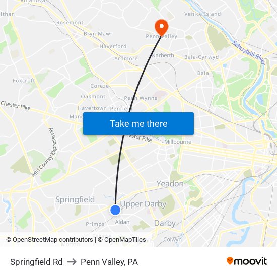 Springfield Rd to Penn Valley, PA map