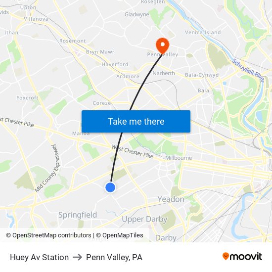 Huey Av Station to Penn Valley, PA map
