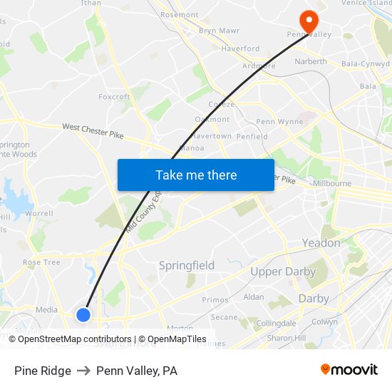 Pine Ridge to Penn Valley, PA map