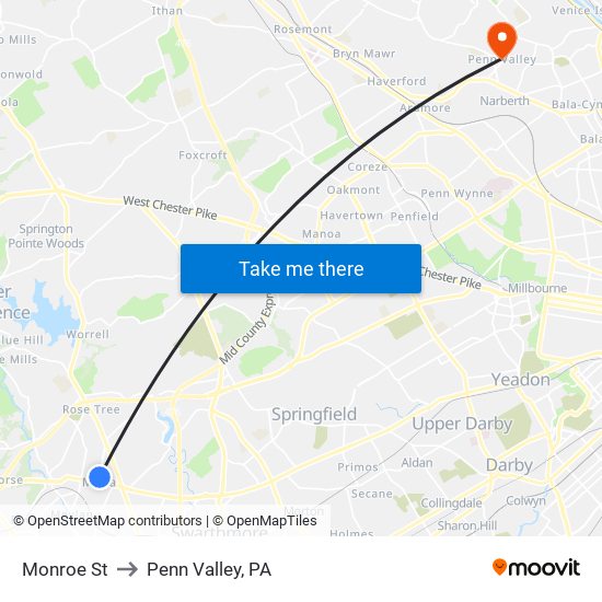 Monroe St to Penn Valley, PA map