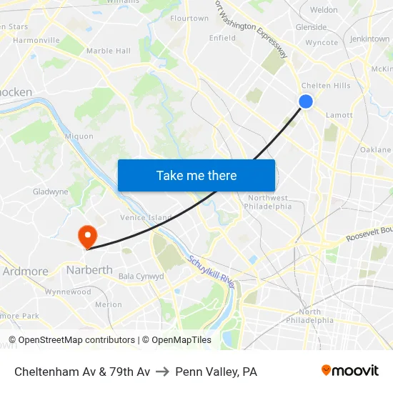 Cheltenham Av & 79th Av to Penn Valley, PA map