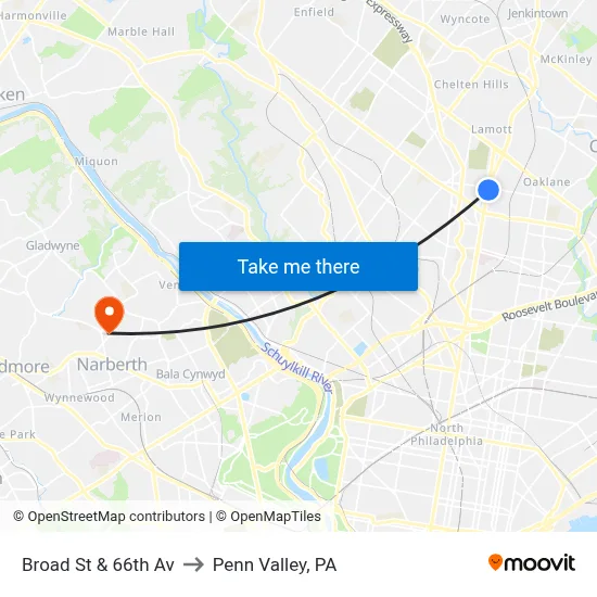 Broad St & 66th Av to Penn Valley, PA map