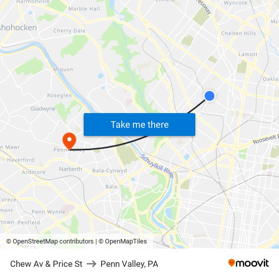 Chew Av & Price St to Penn Valley, PA map