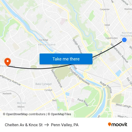 Chelten Av & Knox St to Penn Valley, PA map