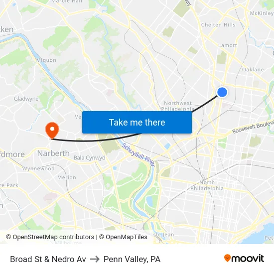 Broad St & Nedro Av to Penn Valley, PA map