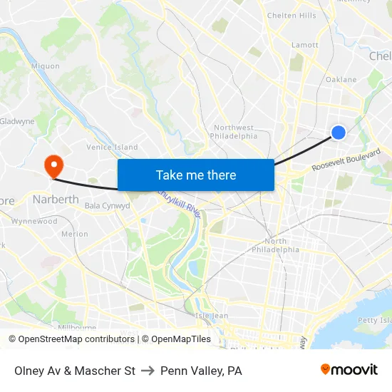 Olney Av & Mascher St to Penn Valley, PA map