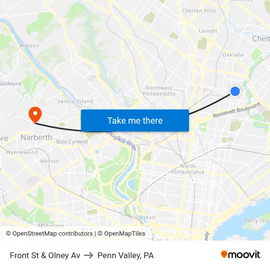 Front St & Olney Av to Penn Valley, PA map