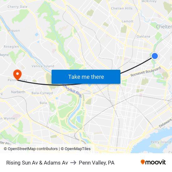 Rising Sun Av & Adams Av to Penn Valley, PA map