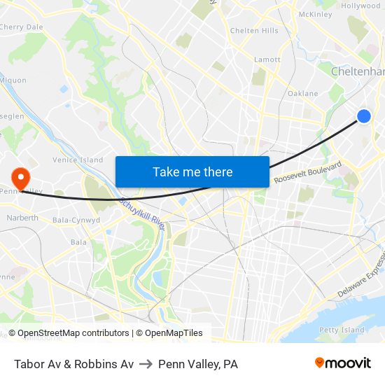 Tabor Av & Robbins Av to Penn Valley, PA map