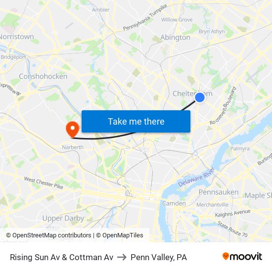 Rising Sun Av & Cottman Av to Penn Valley, PA map