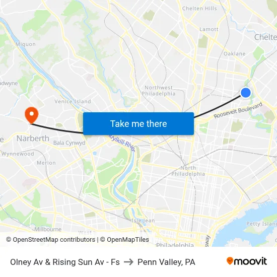 Olney Av & Rising Sun Av - Fs to Penn Valley, PA map
