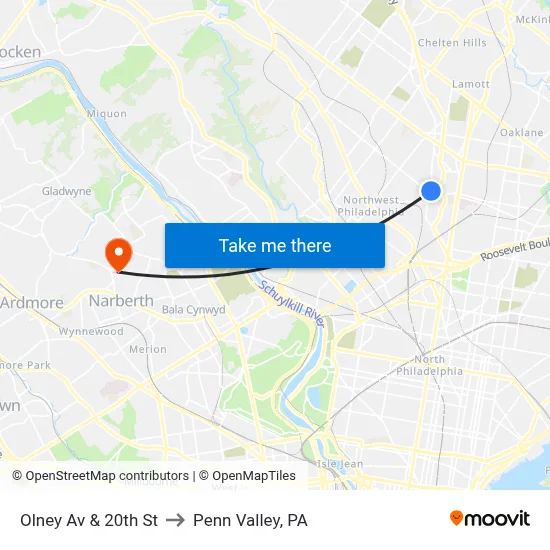 Olney Av & 20th St to Penn Valley, PA map