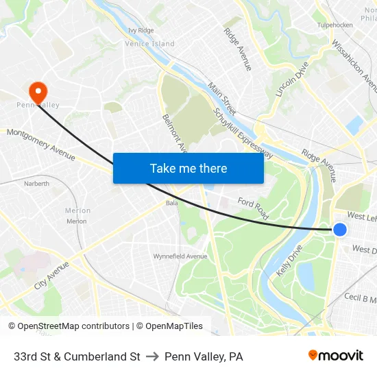 33rd St & Cumberland St to Penn Valley, PA map
