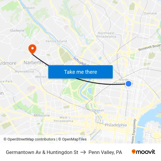 Germantown Av & Huntingdon St to Penn Valley, PA map