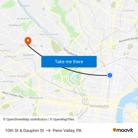 10th St & Dauphin St to Penn Valley, PA map