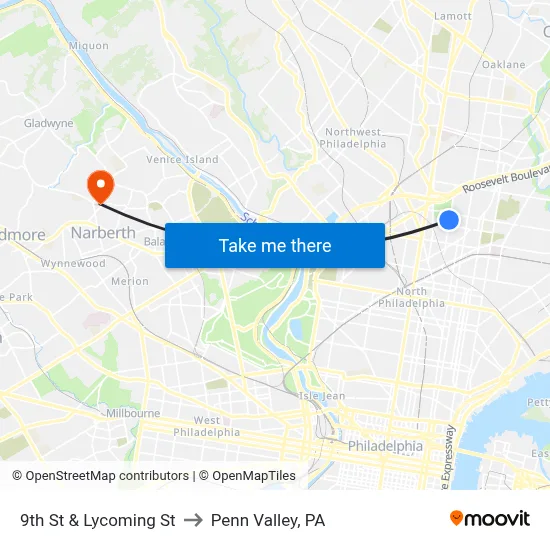 9th St & Lycoming St to Penn Valley, PA map