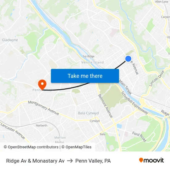 Ridge Av & Monastary Av to Penn Valley, PA map