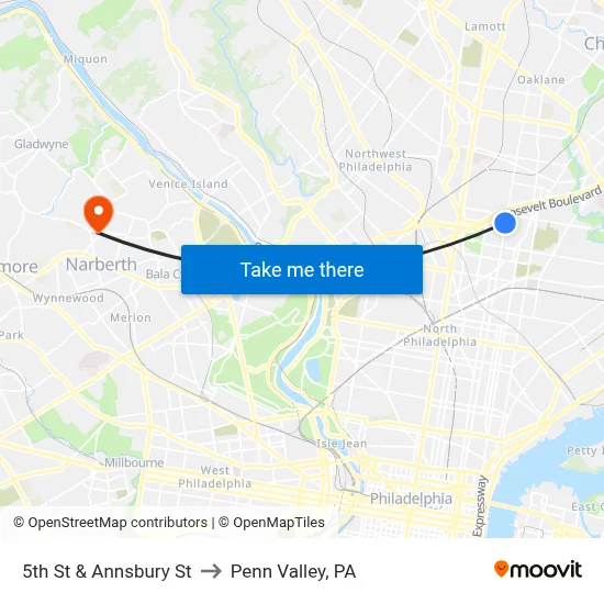 5th St & Annsbury St to Penn Valley, PA map