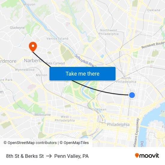 8th St & Berks St to Penn Valley, PA map