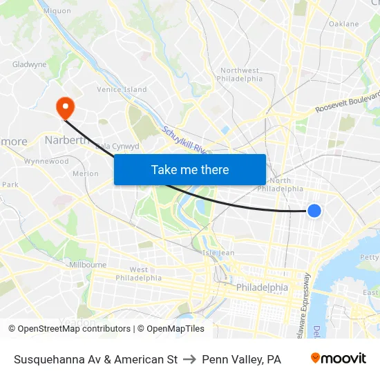 Susquehanna Av & American St to Penn Valley, PA map
