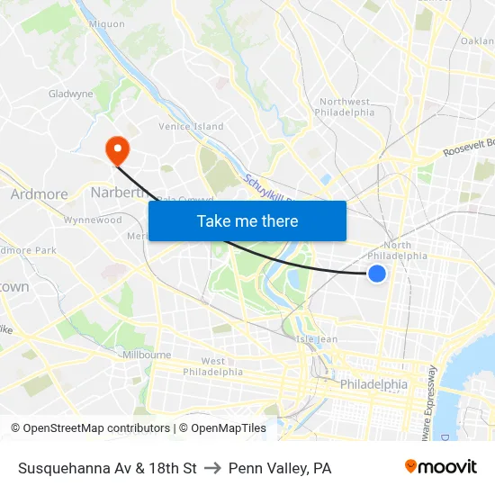 Susquehanna Av & 18th St to Penn Valley, PA map