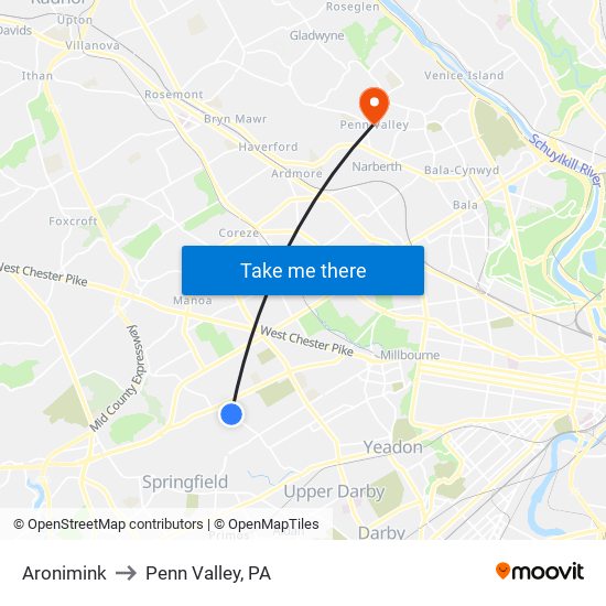 Aronimink to Penn Valley, PA map