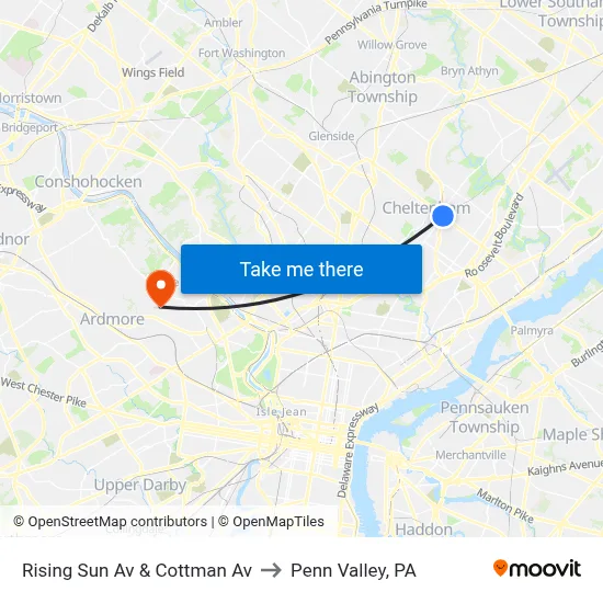 Rising Sun Av & Cottman Av to Penn Valley, PA map