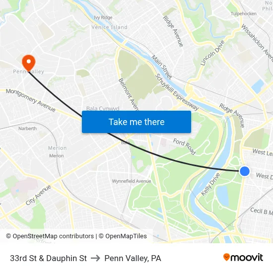 33rd St & Dauphin St to Penn Valley, PA map