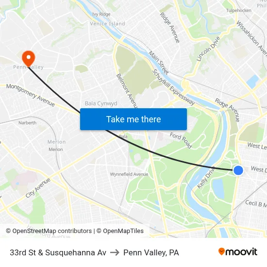 33rd St & Susquehanna Av to Penn Valley, PA map